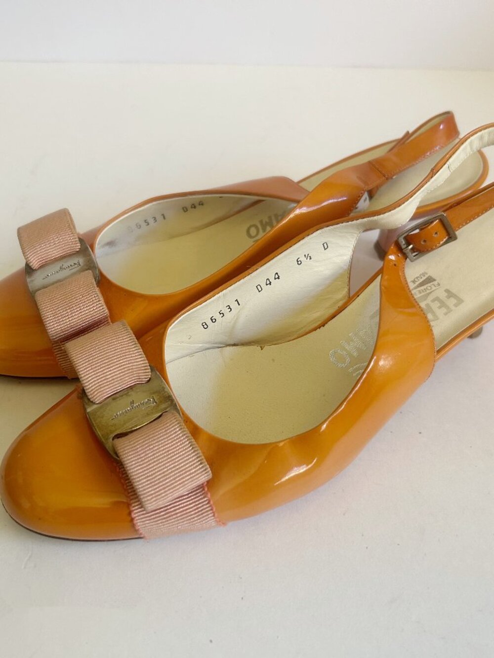 Salvatore Ferragamo Orange Patent Vara Bow Slingback Flats